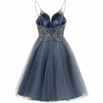 Elegant grey tulle homecoming dresses for teens with embroidered bodice and spaghetti straps