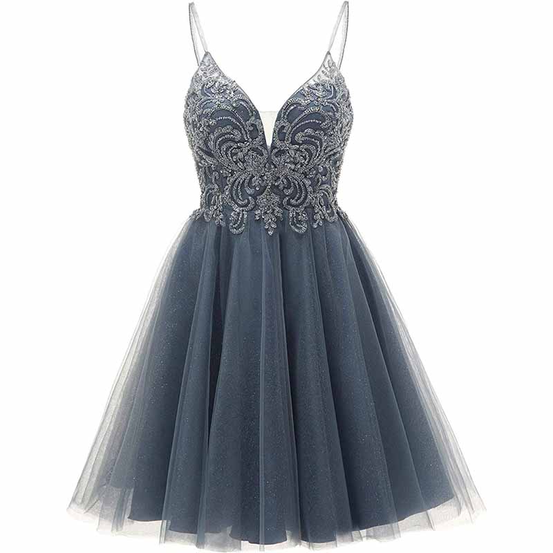 Elegant navy blue tulle homecoming dresses for teens with intricate beaded detailing and a flattering fit