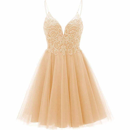 Elegant tulle homecoming dresses for teens featuring a v-neckline and intricate embroidery