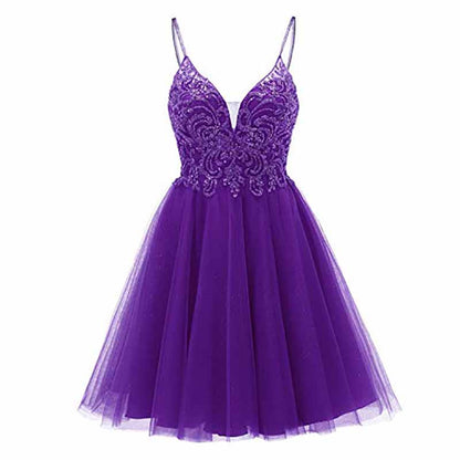 Purple tulle homecoming dresses for teens with intricate beading and a flattering sweetheart neckline