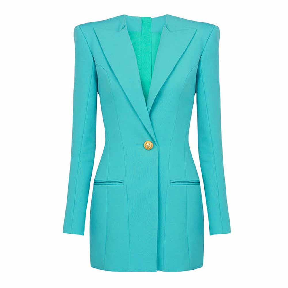 Light Blue Tailored Blazer Dress With Padded Shoulders Woman One Button Blazer Dress