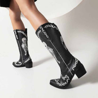 Unique cowgirl boots with embroidery featuring skeleton design and stylish black finish