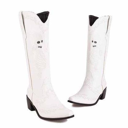 Tucomosi unique cowgirl boots with embroidery featuring a striking skeleton design in white