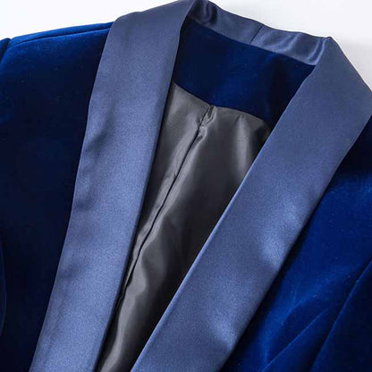 Elegant velvet wedding blazer in deep blue with a smooth satin collar for stylish occasions