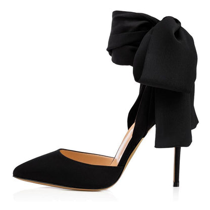 Elegant black high heel with a large satin bow for stylish evening wear