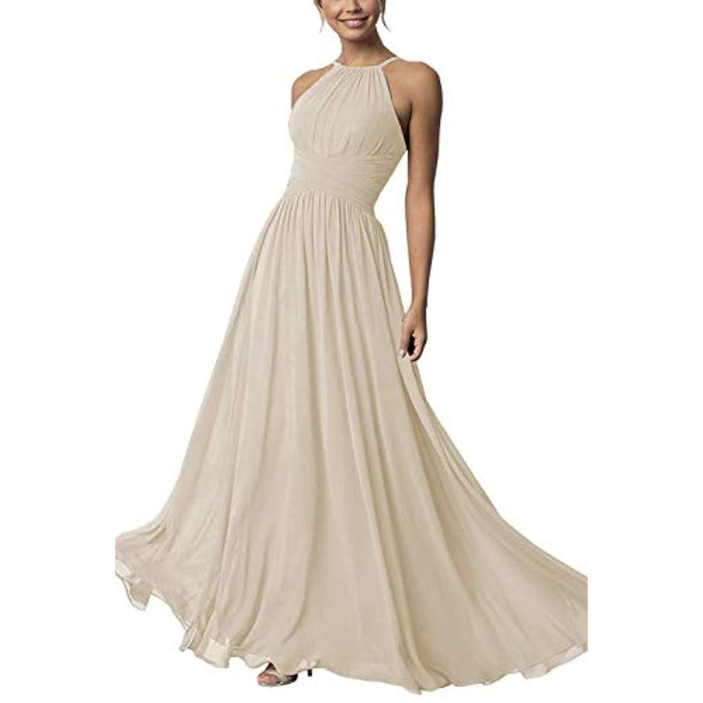 Elegant country chiffon bridesmaid dress in neutral tones with halter neckline and flowing design