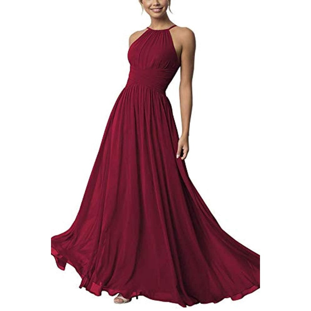 Elegant Burgundy Country Chiffon Bridesmaid Dress with Halter Neck and Flowing Skirt