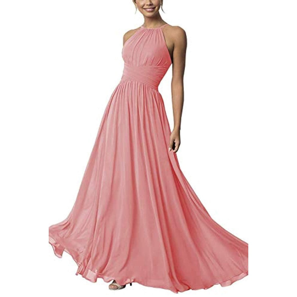 Elegant country chiffon bridesmaid dress in coral with a halter neckline and flowy skirt