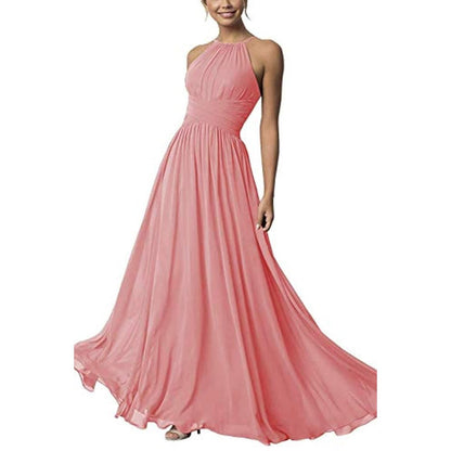 Elegant country chiffon bridesmaid dress in coral with a halter neckline and flowy skirt