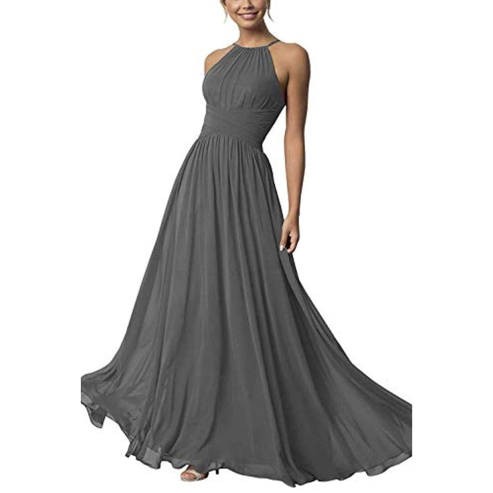 Elegant gray country chiffon bridesmaid dress with a halter neck and flowing skirt