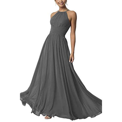 Elegant gray country chiffon bridesmaid dress with a halter neck and flowing skirt