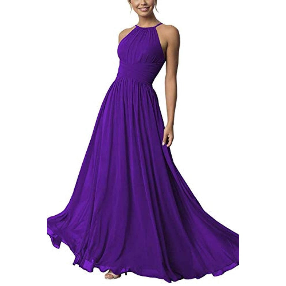 Elegant purple country chiffon bridesmaid dress with a flowing skirt and halter neckline