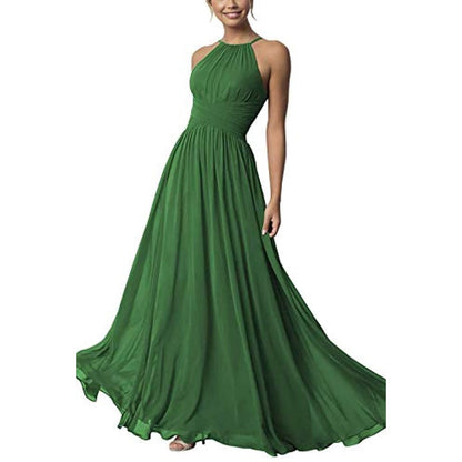 Elegant country chiffon bridesmaid dress in deep green with halter neck and flowing skirt