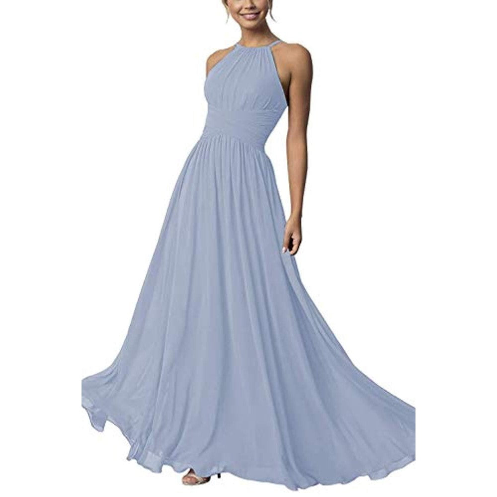 Elegant country chiffon bridesmaid dress in light blue featuring a halter neck design and flowing skirt