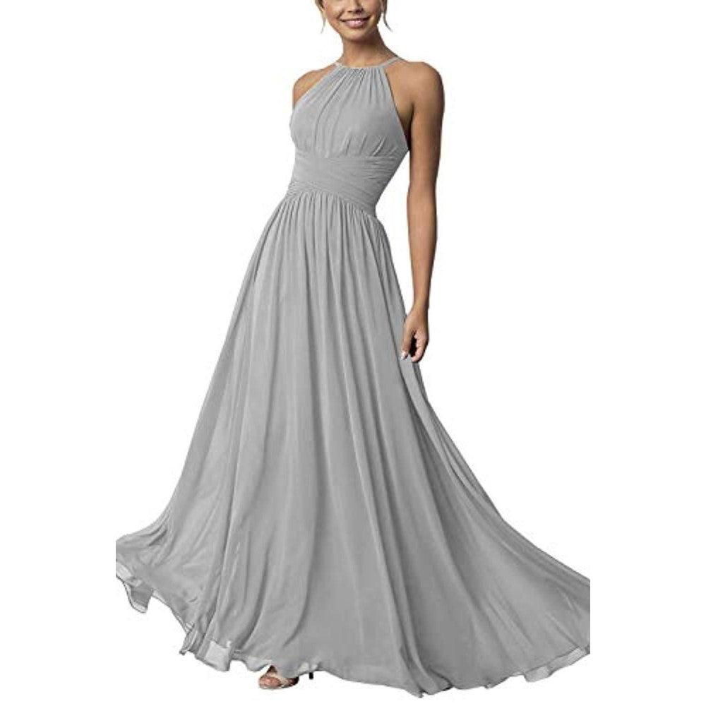 Elegant gray country chiffon bridesmaid dress with halter neck design and flowing skirt