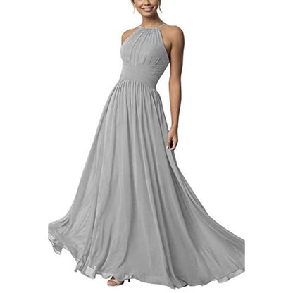 Elegant gray country chiffon bridesmaid dress with halter neck design and flowing skirt