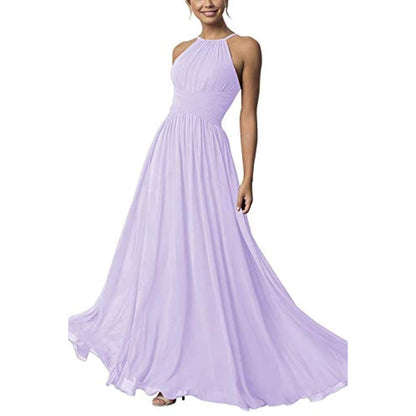 Elegant lavender country chiffon bridesmaid dress with a flattering halter neckline and flowing silhouette