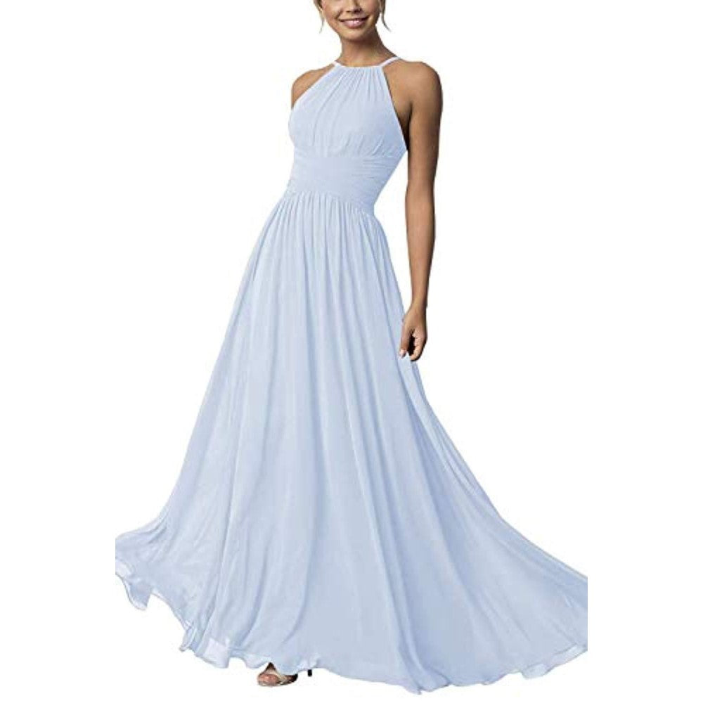 Light blue country chiffon bridesmaid dress with a halter neckline and flowing skirt