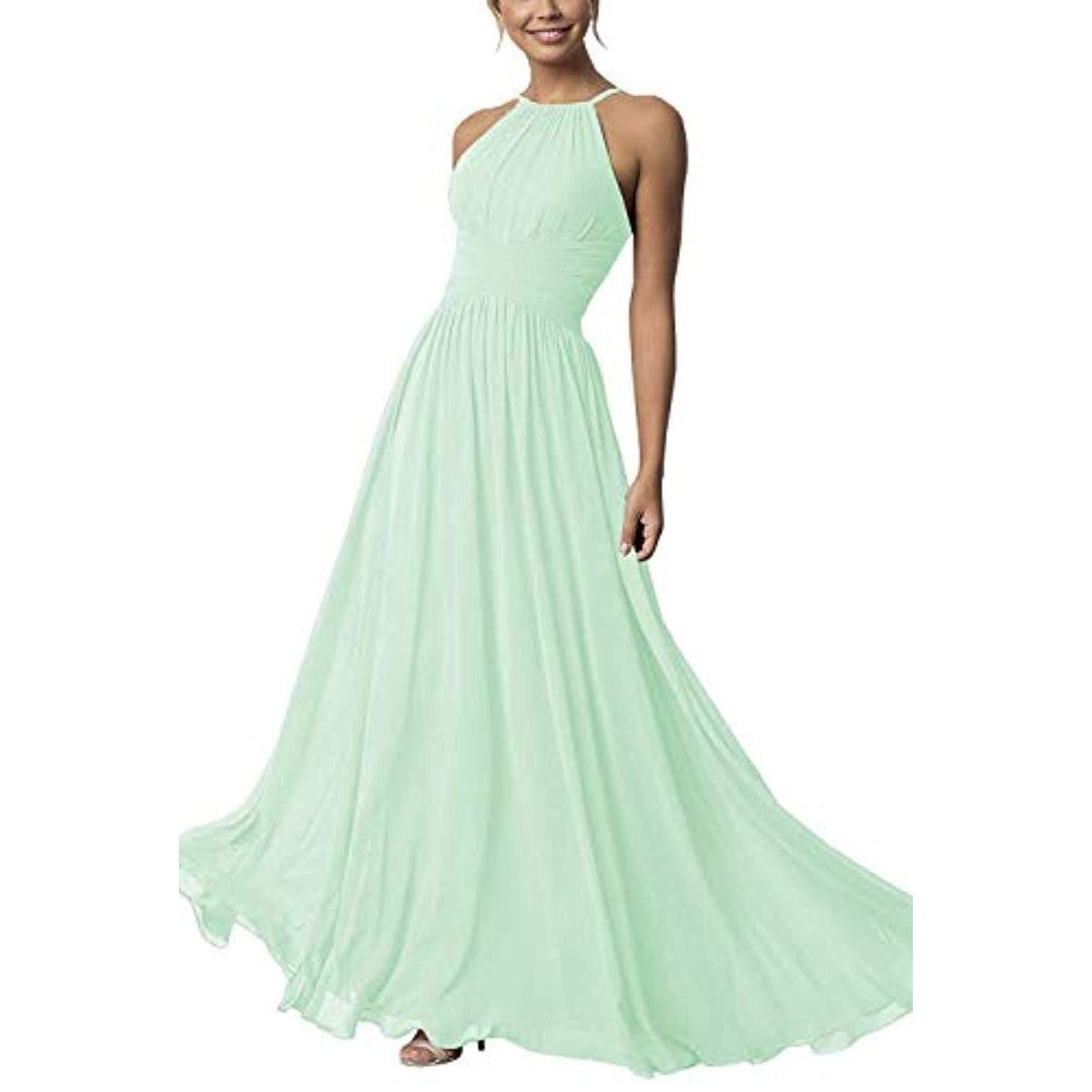 Elegant mint green country chiffon bridesmaid dress with a halter neckline and flowing skirt