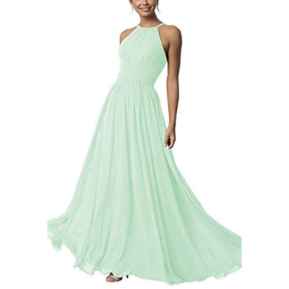 Elegant mint green country chiffon bridesmaid dress with a halter neckline and flowing skirt