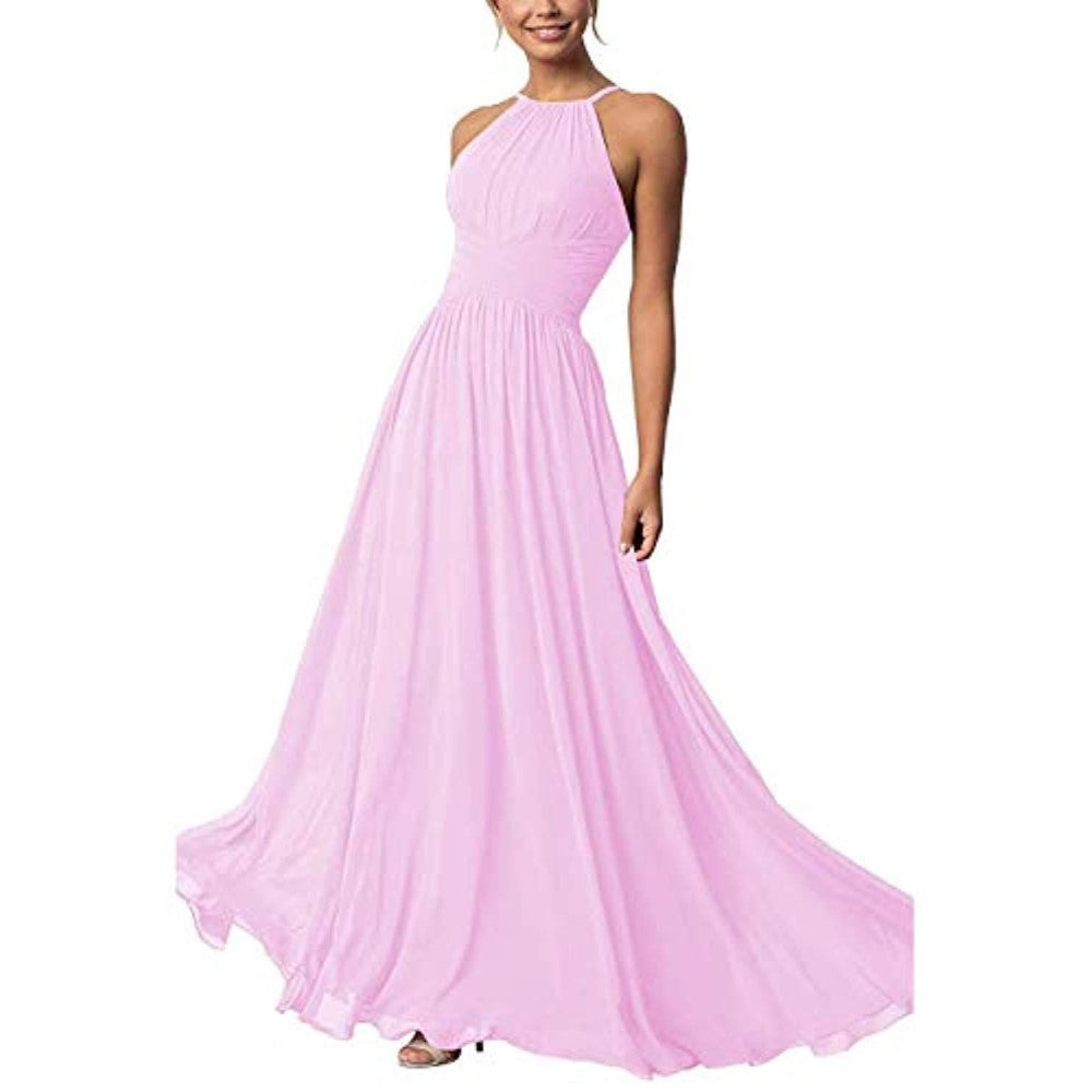 Elegant country chiffon bridesmaid dress in soft pink with a flattering halter neckline and flowing skirt