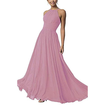 Elegant pink country chiffon bridesmaid dress with a halter neckline and flowing skirt