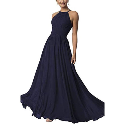 Navy country chiffon bridesmaid dress with a halter neckline and flowy skirt perfect for weddings