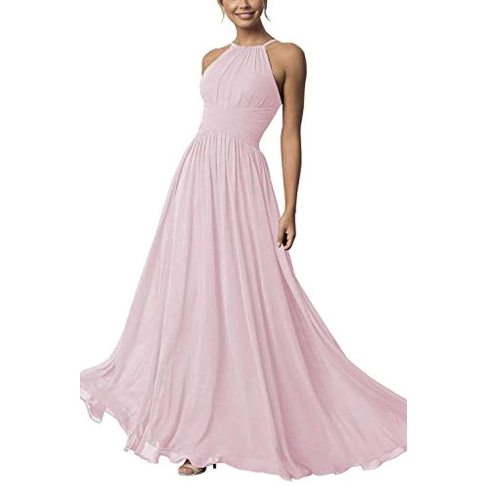 Light pink country chiffon bridesmaid dress with a halter neck design for elegant weddings