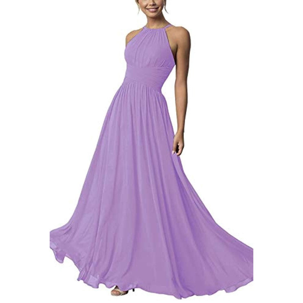 Elegant lavender country chiffon bridesmaid dress with a halter neckline and flowing skirt