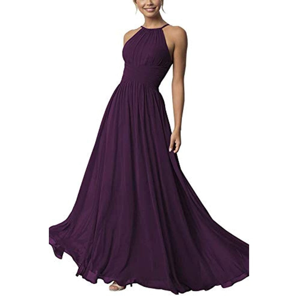 Elegant purple country chiffon bridesmaid dress with a halter neckline and flowing skirt.