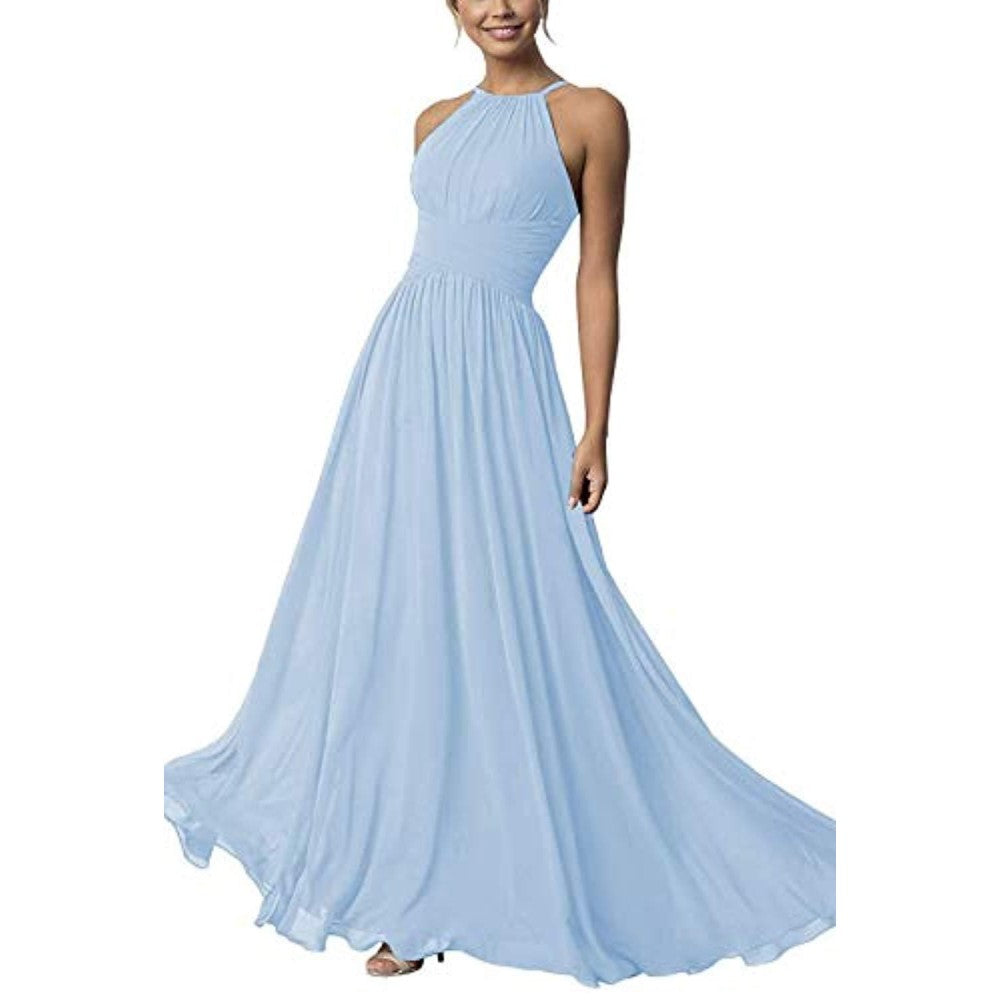 sky blue country chiffon bridesmaid dress with a halter neckline and flowing skirt