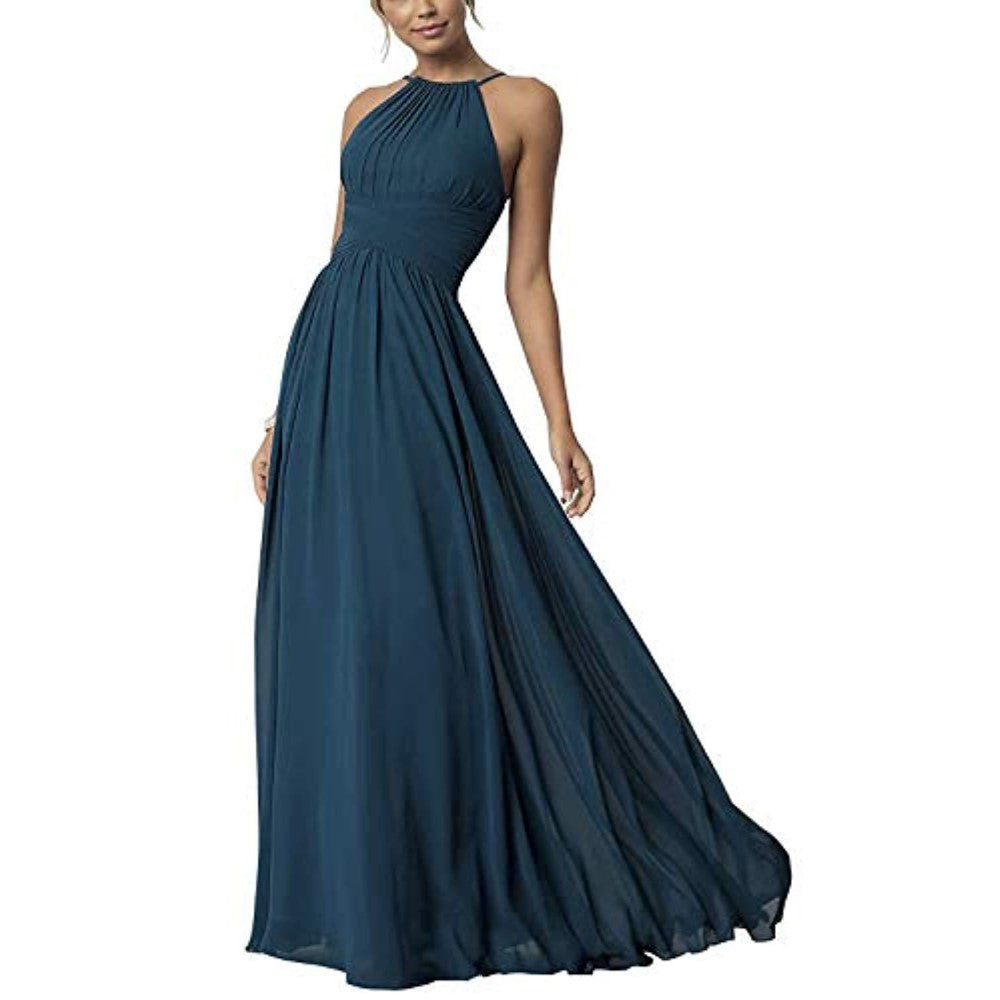 Elegant country chiffon bridesmaid dress in dark teal with a flattering halter neckline