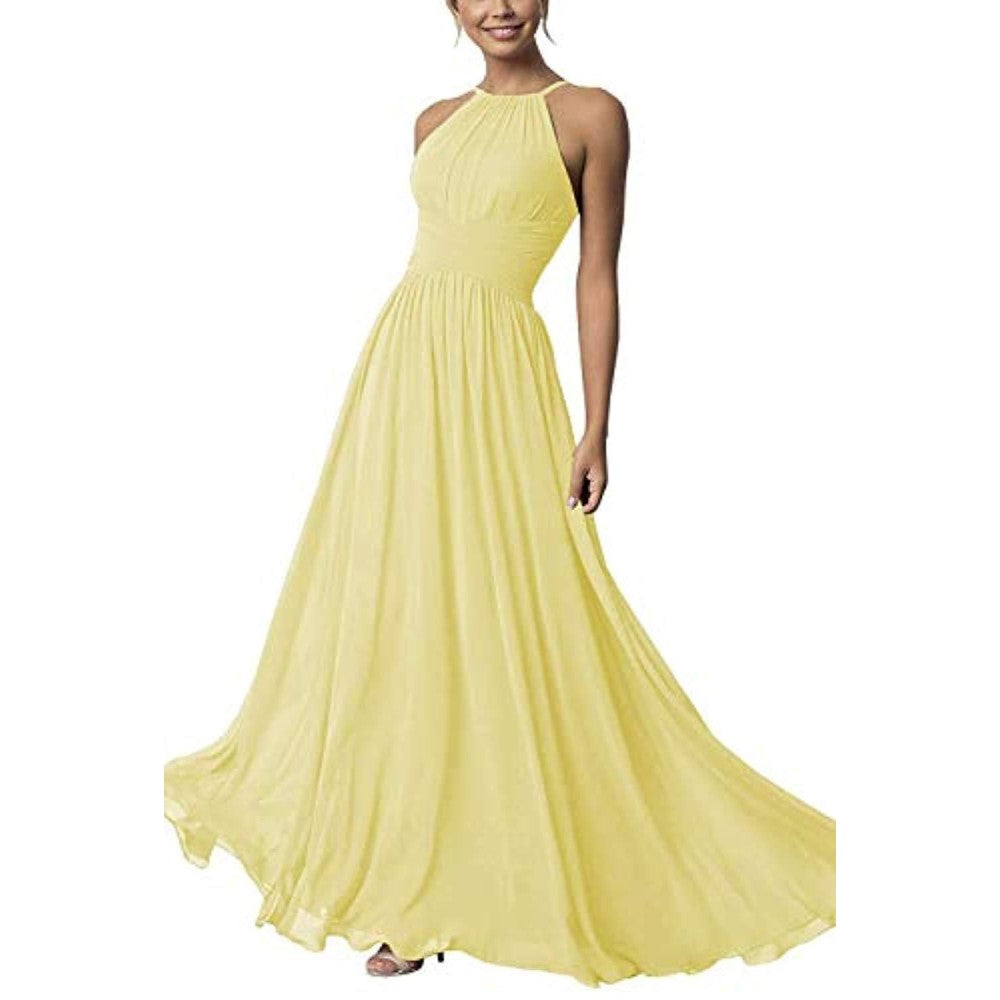 Elegant yellow country chiffon bridesmaid dress with halter neckline and flowing skirt