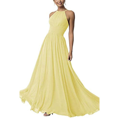Elegant yellow country chiffon bridesmaid dress with halter neckline and flowing skirt