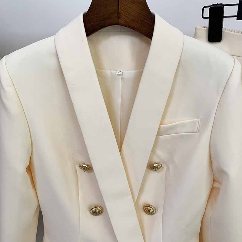 Elegant women two piece set featuring a cream formal pantsuit for wedding guest with stylish double-breasted design