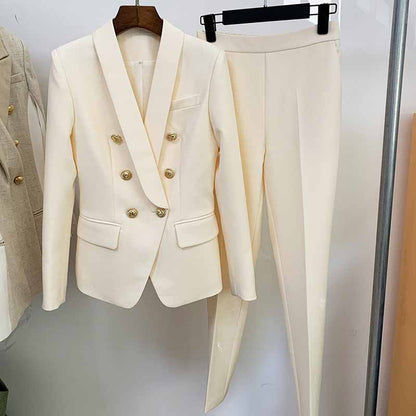 Elegant women's two piece set featuring a cream formal pantsuit for wedding guest with double-breasted jacket