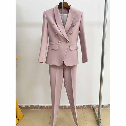 Stylish pink women two piece set, perfect formal pantsuit for wedding guest with double-breasted design