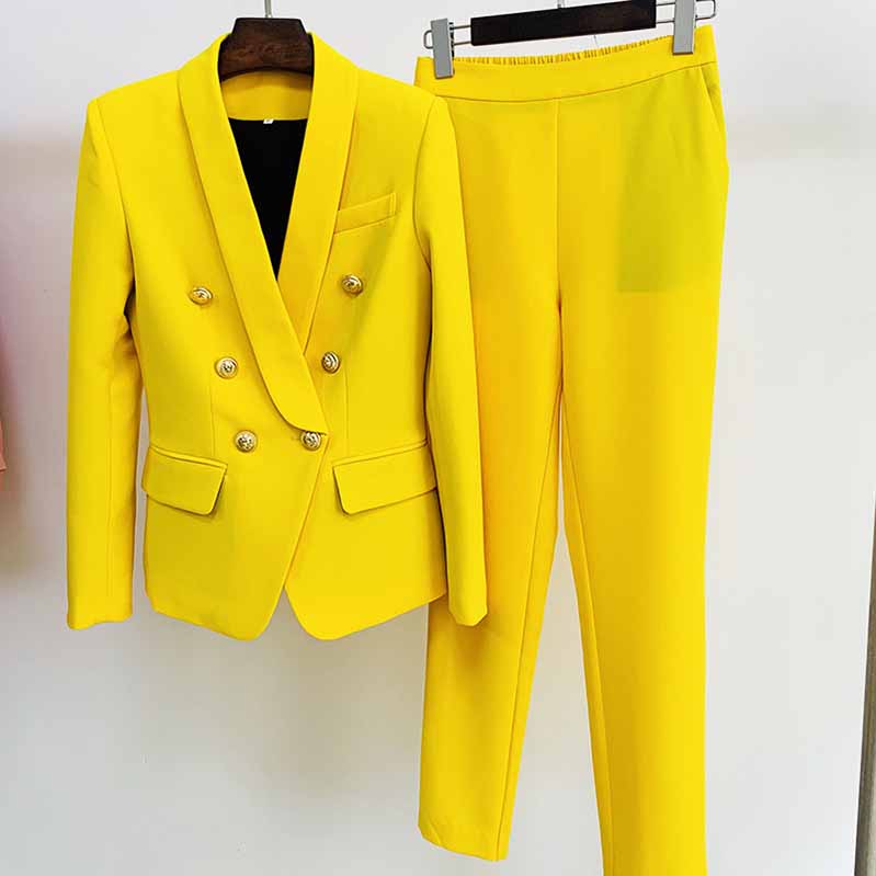 Bright yellow women two piece set including blazer and pants, perfect as a formal pantsuit for wedding guest