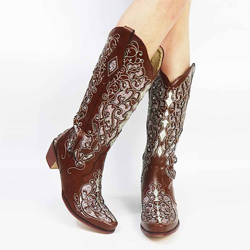 Elegant brown wedding boots by sd-hk with intricate embroidery for stylish bridal footwear