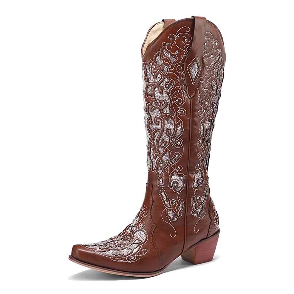 Elegant sd-hk Wedding Boots in Brown with Intricate Floral Embroidery and Stylish Cowgirl Design