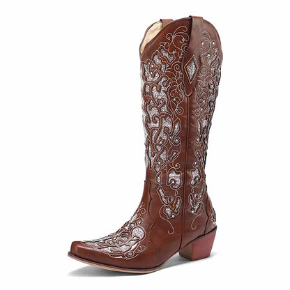 Elegant sd-hk Wedding Boots in Brown with Intricate Floral Embroidery and Stylish Cowgirl Design