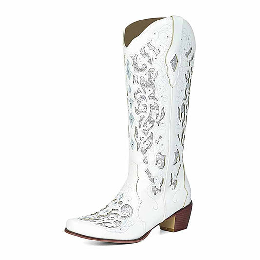 Elegant white wedding boots by sd-hk featuring intricate designs and a stylish heel for brides