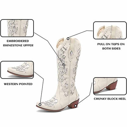 sd-hk Western Wedding Boots with Embroidered Rhinestone Upper and Chunky Block Heel