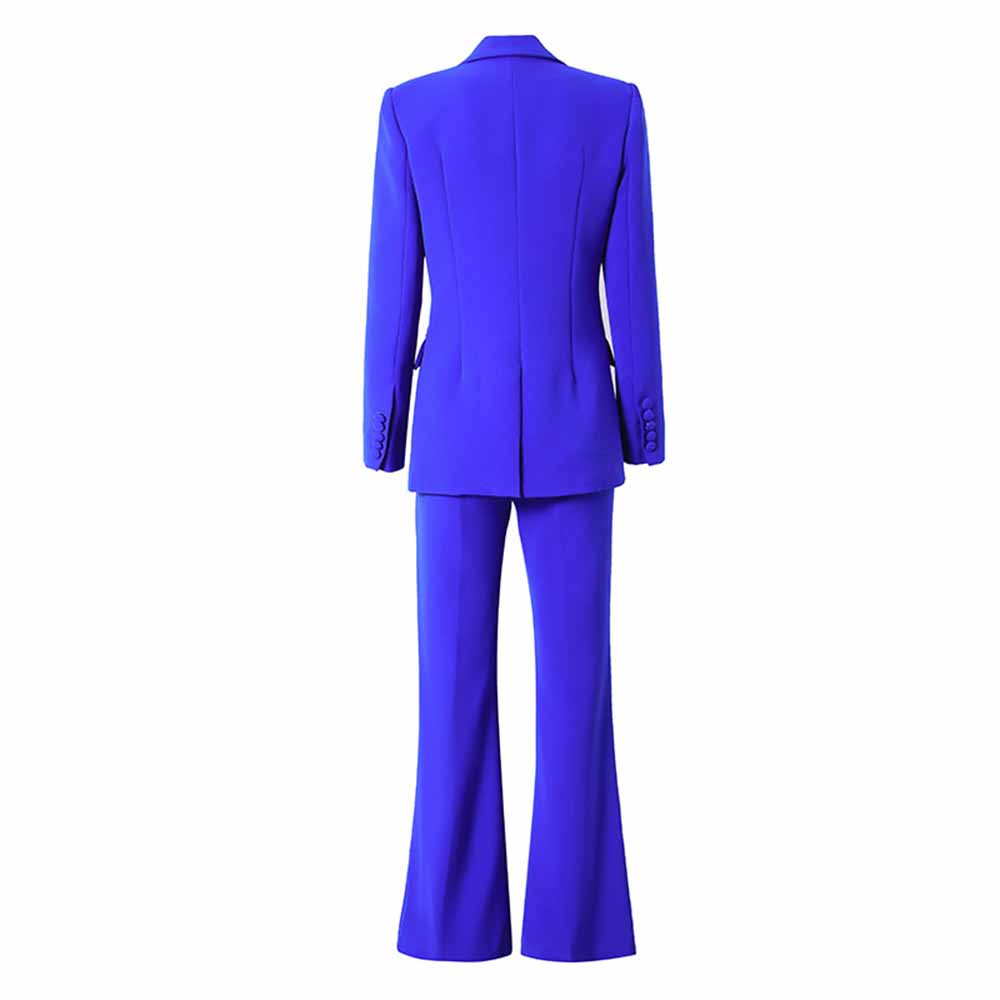 Stunning blue one button blazer and flare pants set for a stylish and professional look