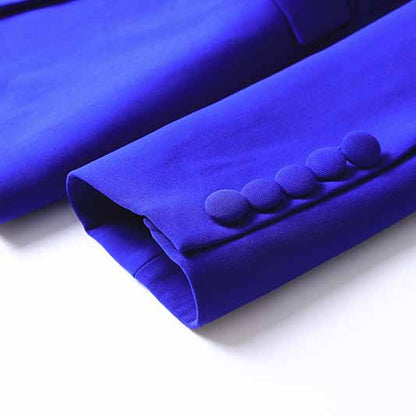 Stylish one button blazer and flare pants set in vibrant blue fabric for a chic look