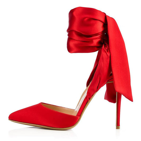 Elegant red satin bow high heels with a stylish ankle ribbon for chic occasions