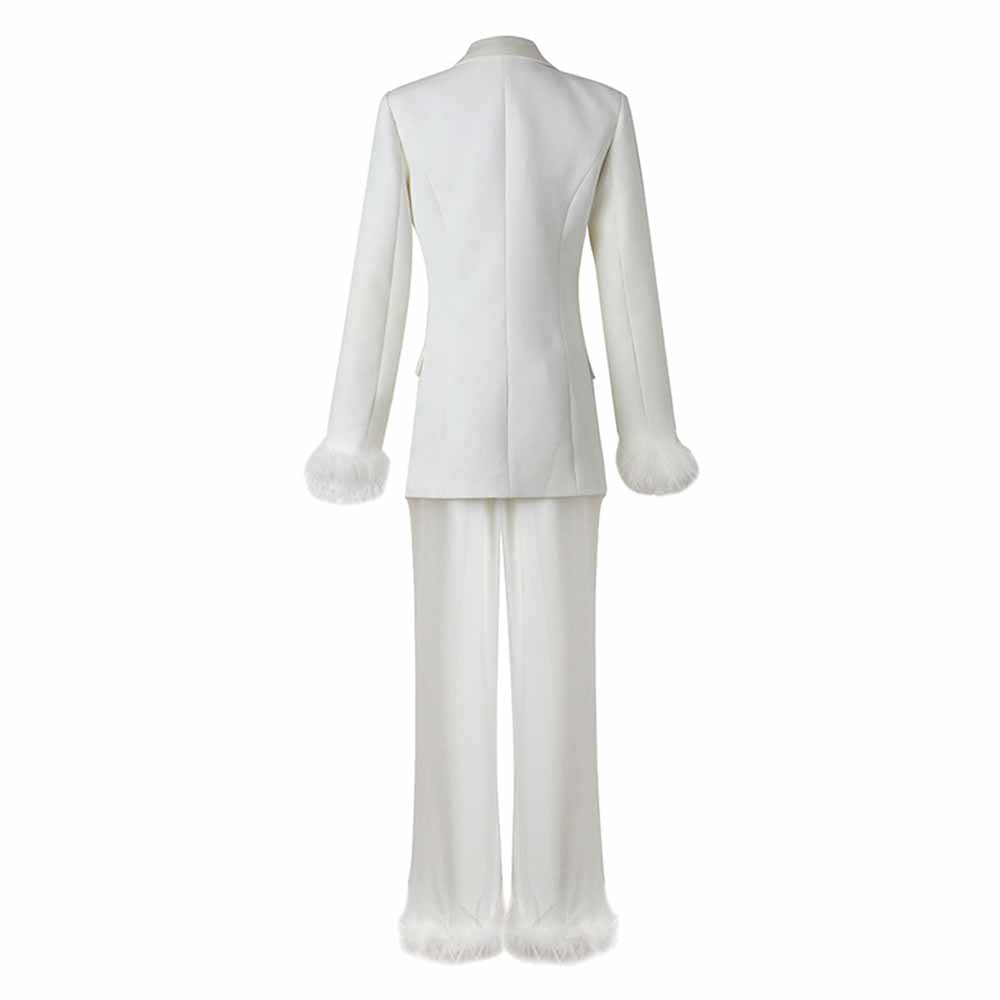 Elegant Tucomosi women's wedding suit with feathers featuring a tailored blazer and stylish trousers