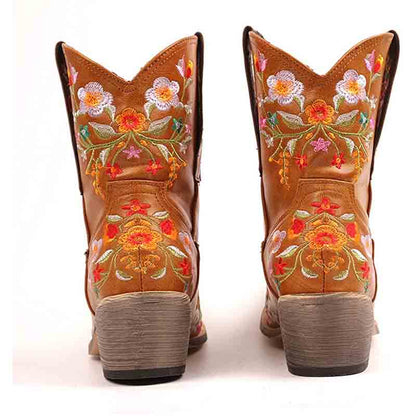 Pair of vintage flower embroidered cowgirl boots with colorful floral designs on a tan background
