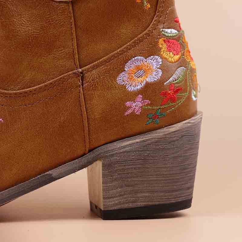 sd-hk vintage flower embroidered cowgirl boots featuring colorful floral designs and a sturdy heel