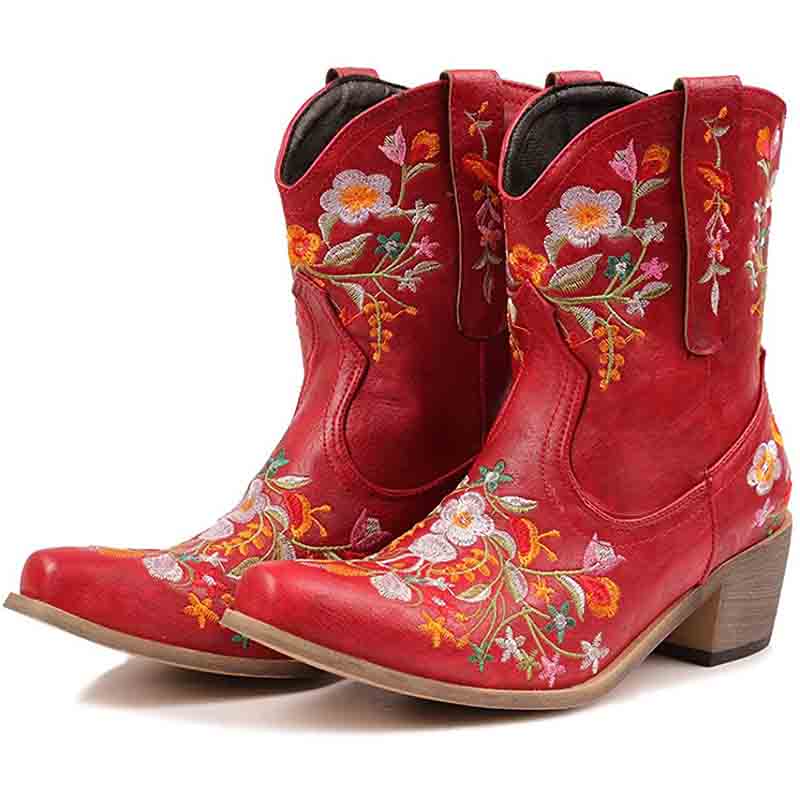 Vintage flower embroidered cowgirl boots in red with intricate floral designs for stylish Western wear